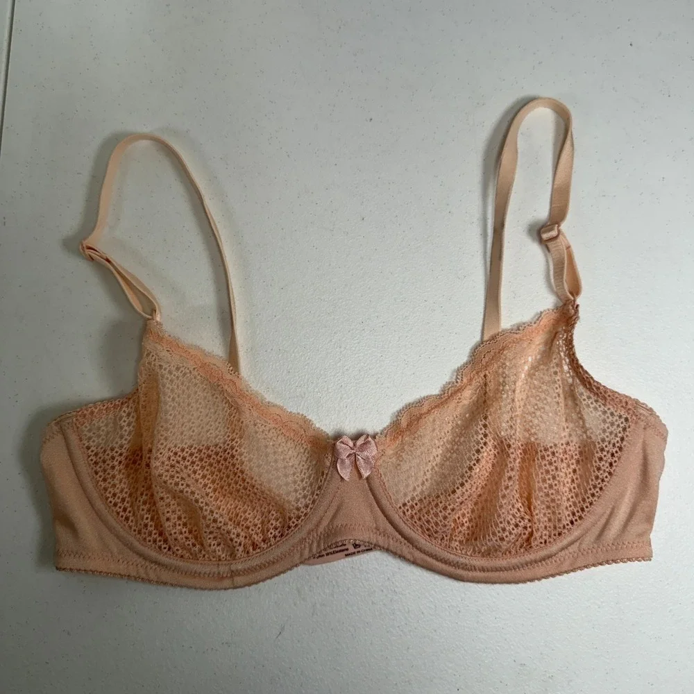 Wingslove 32D Bra Balconette Peach Geometric Lace Mesh Underwire Bow Detail